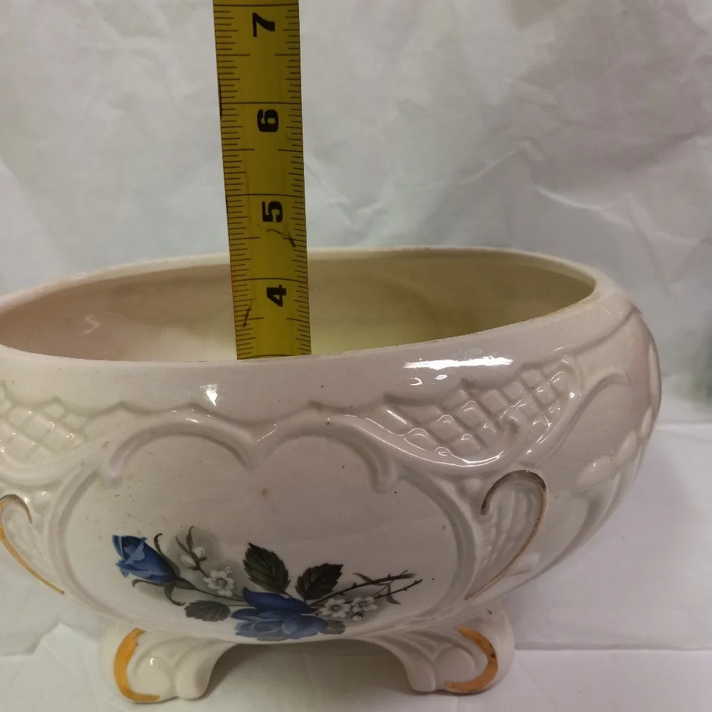 VINTAGE Maurice of California Footed Planter Beige Blue Rose Buffet Table Decor
